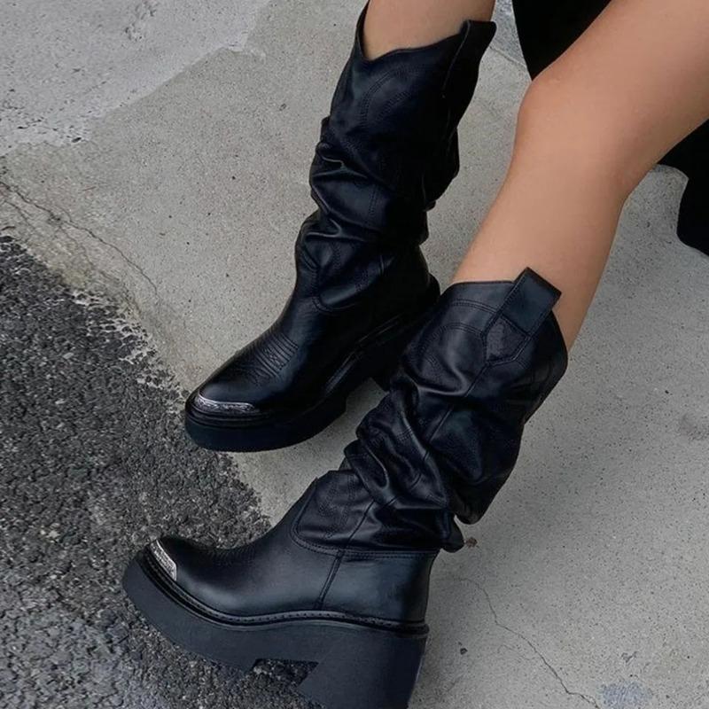Fashion 2025 Brand New High Quality Cowboy Boots for Women Black Slip On Chunky High Heels Mid-calf Boot Platform Shoes