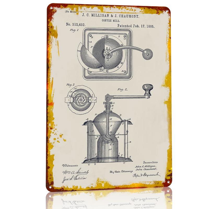 Coffee Mill Patent 1885 Metal Poster Customized Wall Art Retro Vintage Metal Signs for Man Cave Modern Home Decoration Ornaments