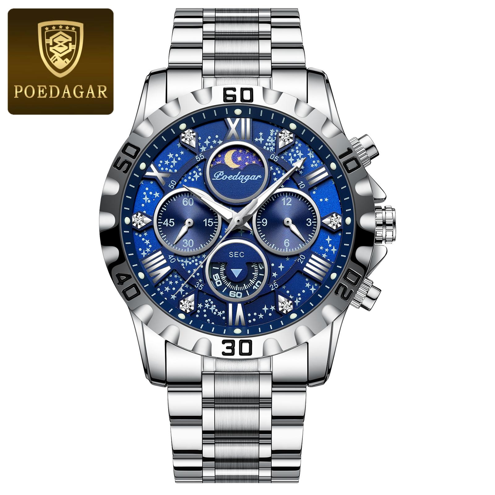 

POEDAGAR Luxury Watch for Man Quartz Sports Men Watch Waterproof Luminous Stainless Steel Chronograph Watches Clock Reloj синий/серебряный