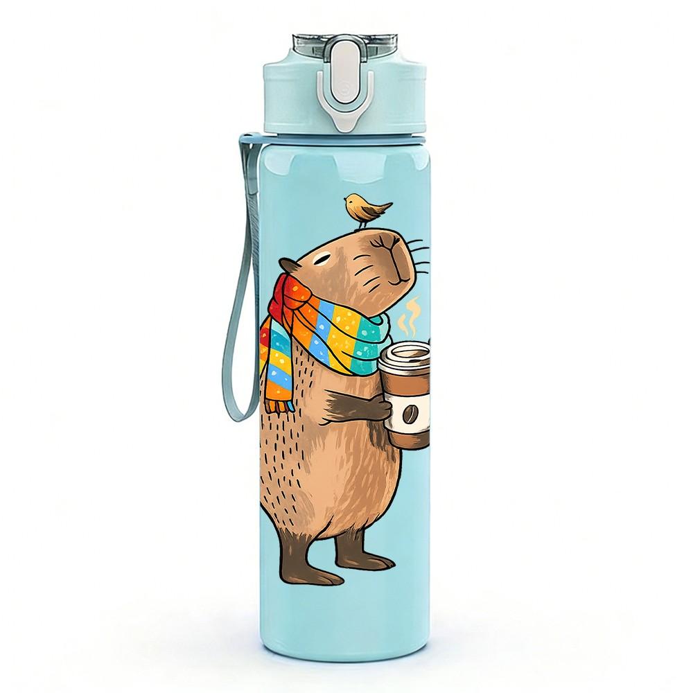 1PC Bear Drink Hot Cocoa Cartoon Print 750ml Color Plastic Sports Water Bottle Leakproof Flip Straw Lid Suitable for Sports Office Home Use