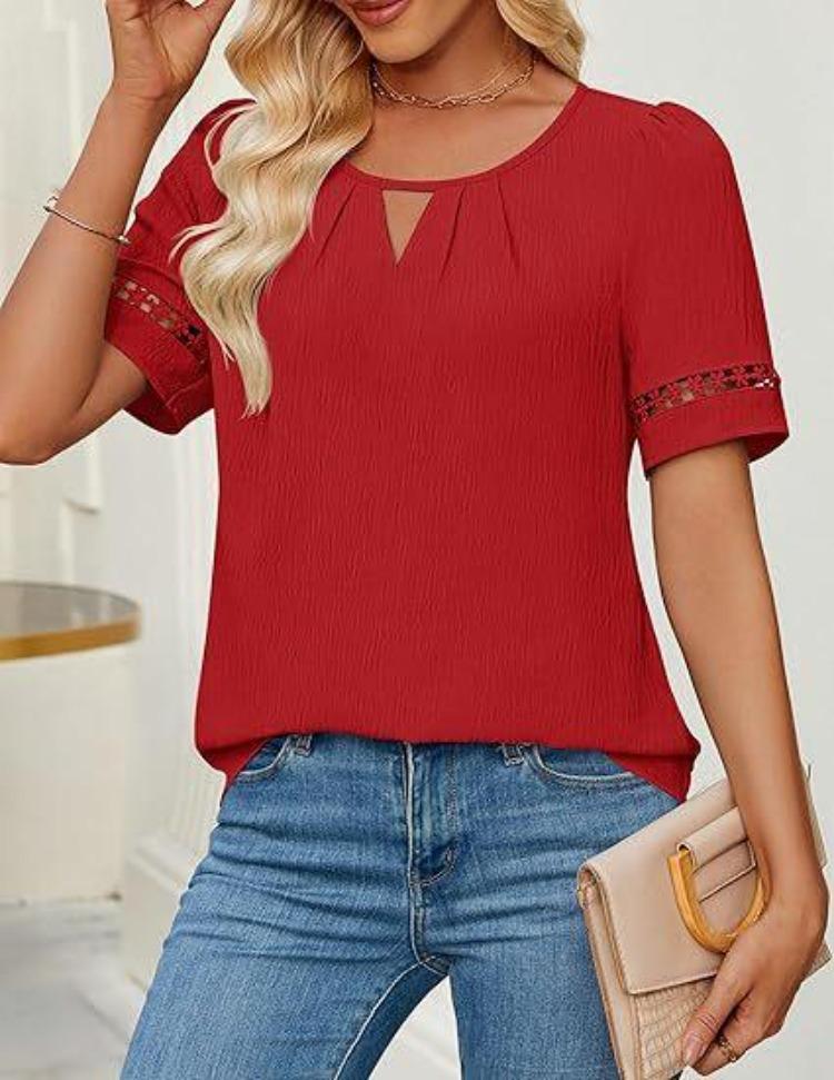 Summer Casual Women Loose Fit V Neck Short Sleeve Blouse Solid Color Tops Shirts