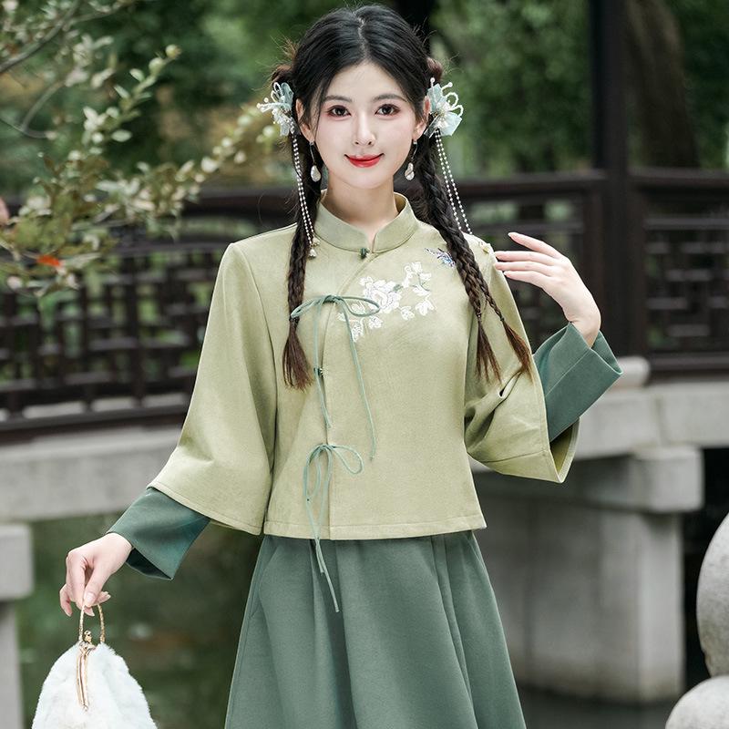 Podzimní/Zimní Retro Vyšívaný Tang oblek Hanfu Cheongsam Dvoudílný set