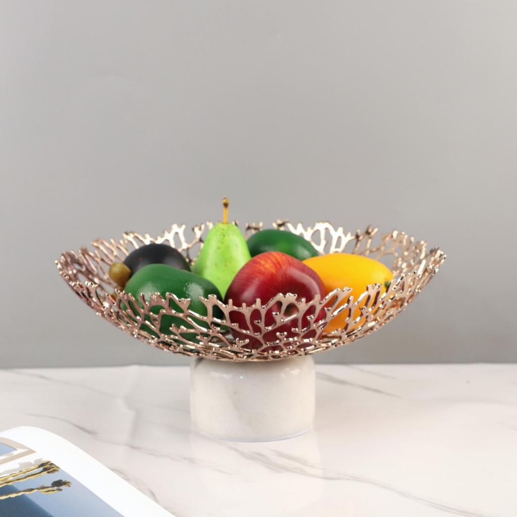 Hollow Metal Tray Coral Disc Pedestal with Marble Base Metal Round Fruit Plate Gold Compote Home Decoration Accessories
