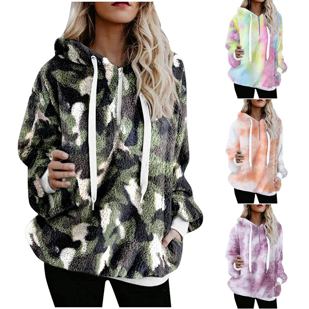 Fashion Women's Winter Casual Loose Print Plush Long Sleeve Pocket Drawstring Hooded Jacket