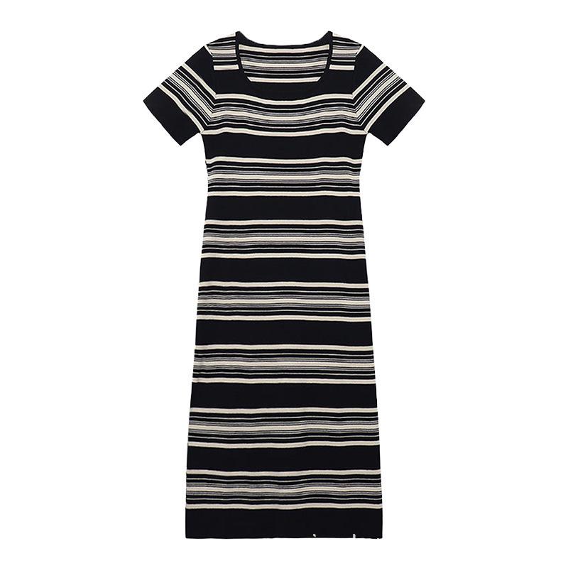 

Striped Square-Neck Summer Knit A-Line Dress - Short-Sleeved French Style One Size чорний