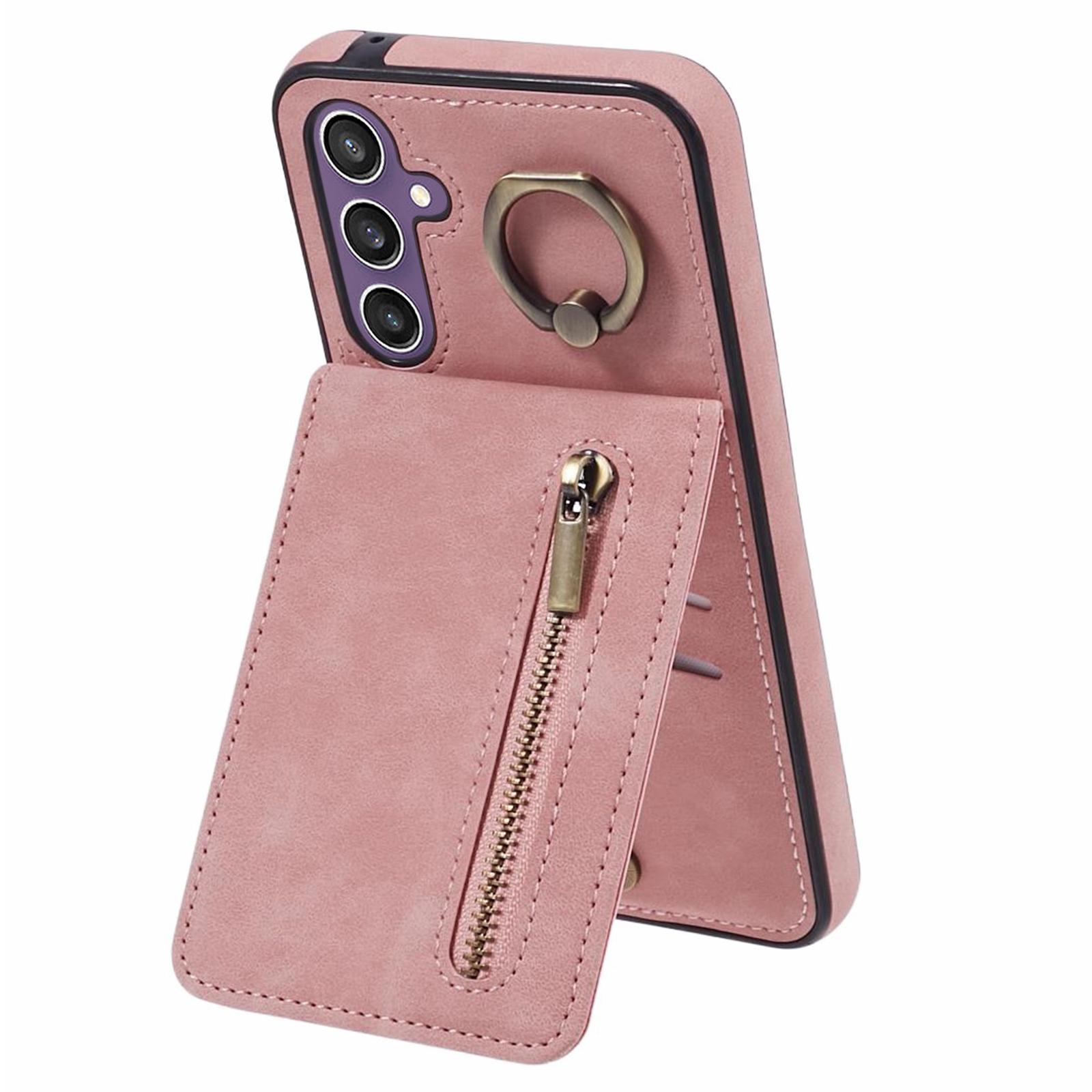 

For Samsung Galaxy S24+ Magnetic Case Retro PU+TPU Kickstand Back Cover Pink