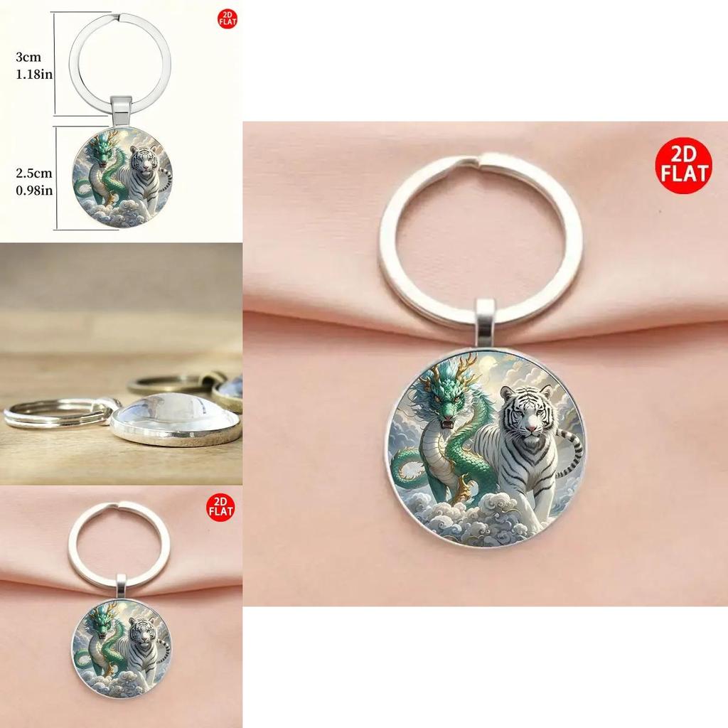 Modern Style Dragon And Tiger Keyring Glass Alloy Pendant For Gift Giving And Decoration