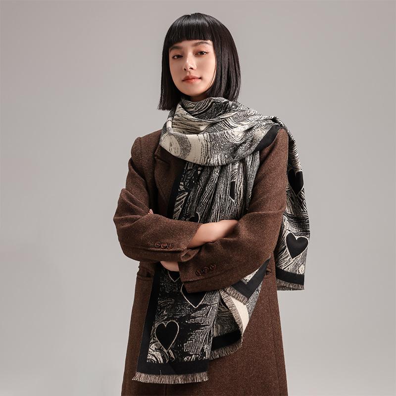 Imitation Cashmere Love Pattern Retro Style Texture Printing Thickened Warm Scarf Shawl
