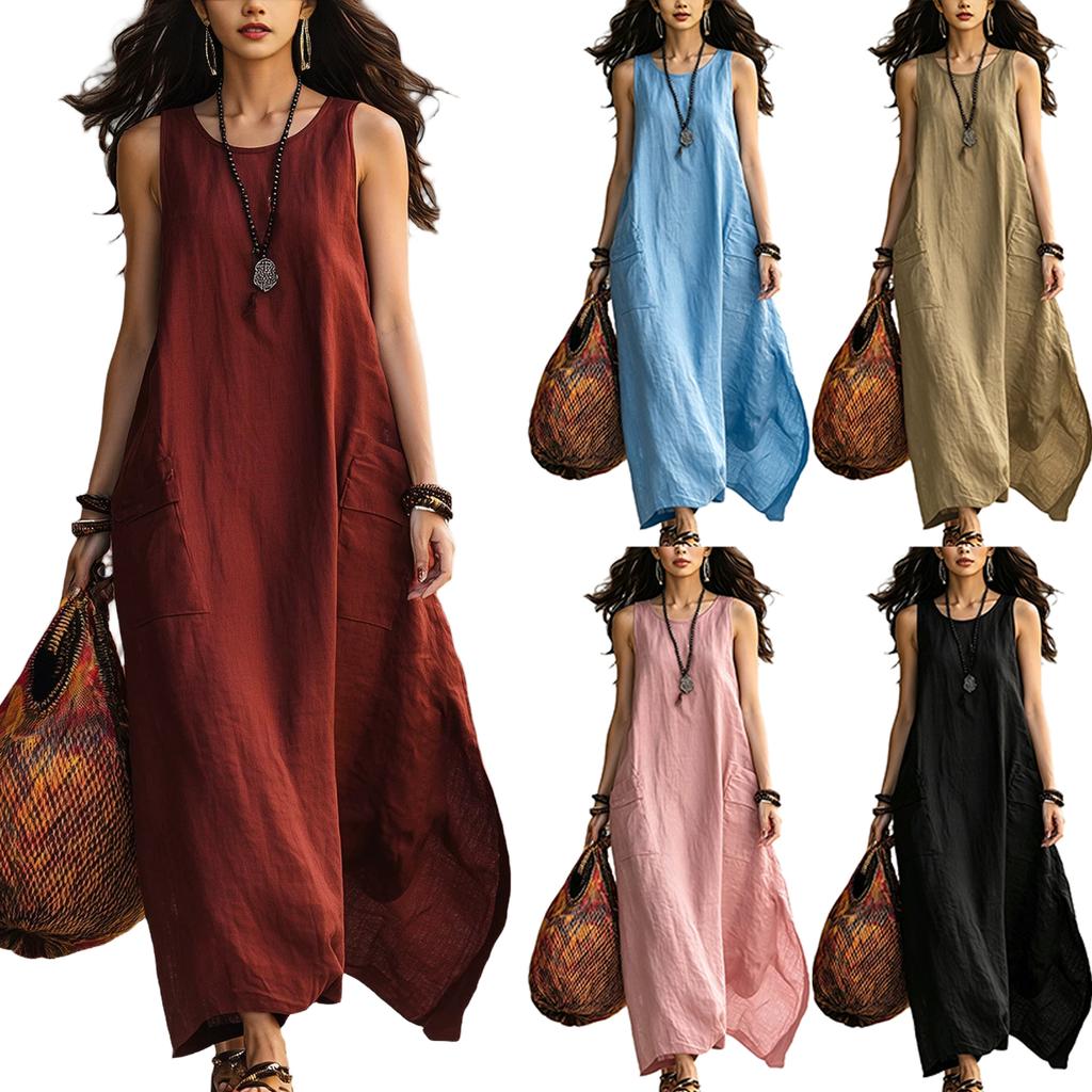 Women Sleeveless Loose Fit Vintage Style Dress Two Pockets Casual Long Maxi Dress Lightweight Summer Dress