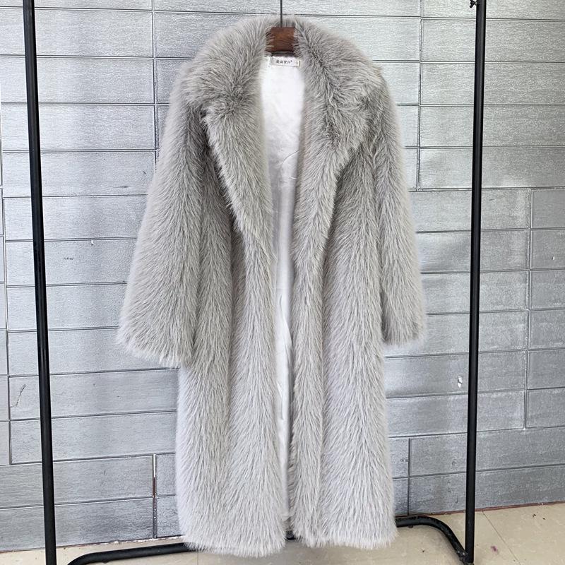 European & American Women's Winter Faux Fur Long Coat with Suit Collar