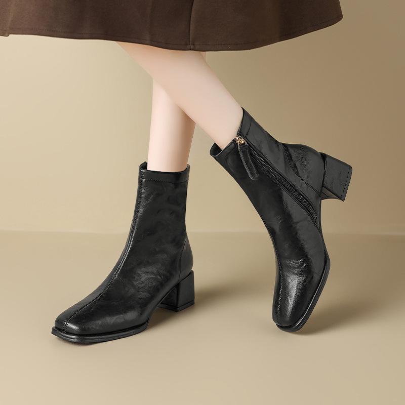 Augustine Thick Heel Short Boots Women's 2025 New Autumn High Heel Thick Heel French Square Head Chelsea Thin Boots