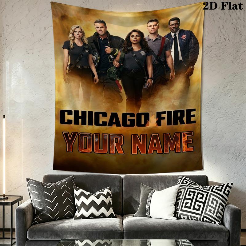Custom Name Chicago Fire Wall Tapestry Aesthetic Wall Hanging Printed Fabric Blanket Decorative Tapestries for Bedroom Living Room Home Decor