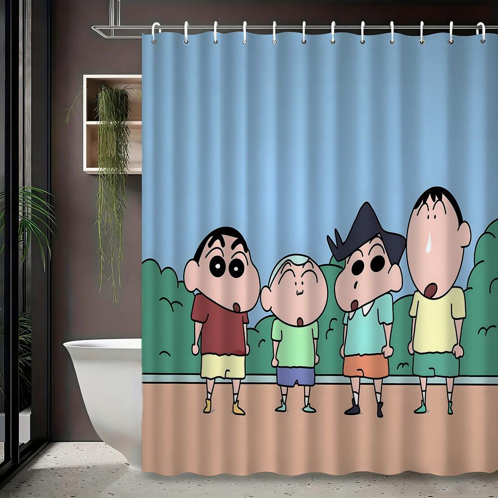 Crayon Shin-Chan & Friends & Shiro Night Forest Firefly Adventure Scene 2D Print Waterproof Shower Curtain, Mysterious Purple &
