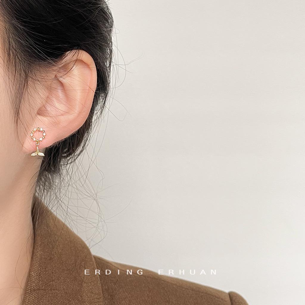 Mini version micro-inlaid zircon plated 14K versatile leaf stud earrings temperament commuter earrings jewelry