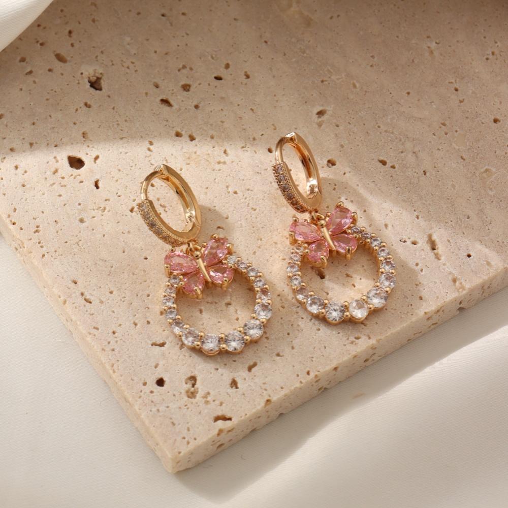 Pink Butterfly Zirconia Dangle Earrings for Women Earring Jewelry Wedding Party Accessories розовый