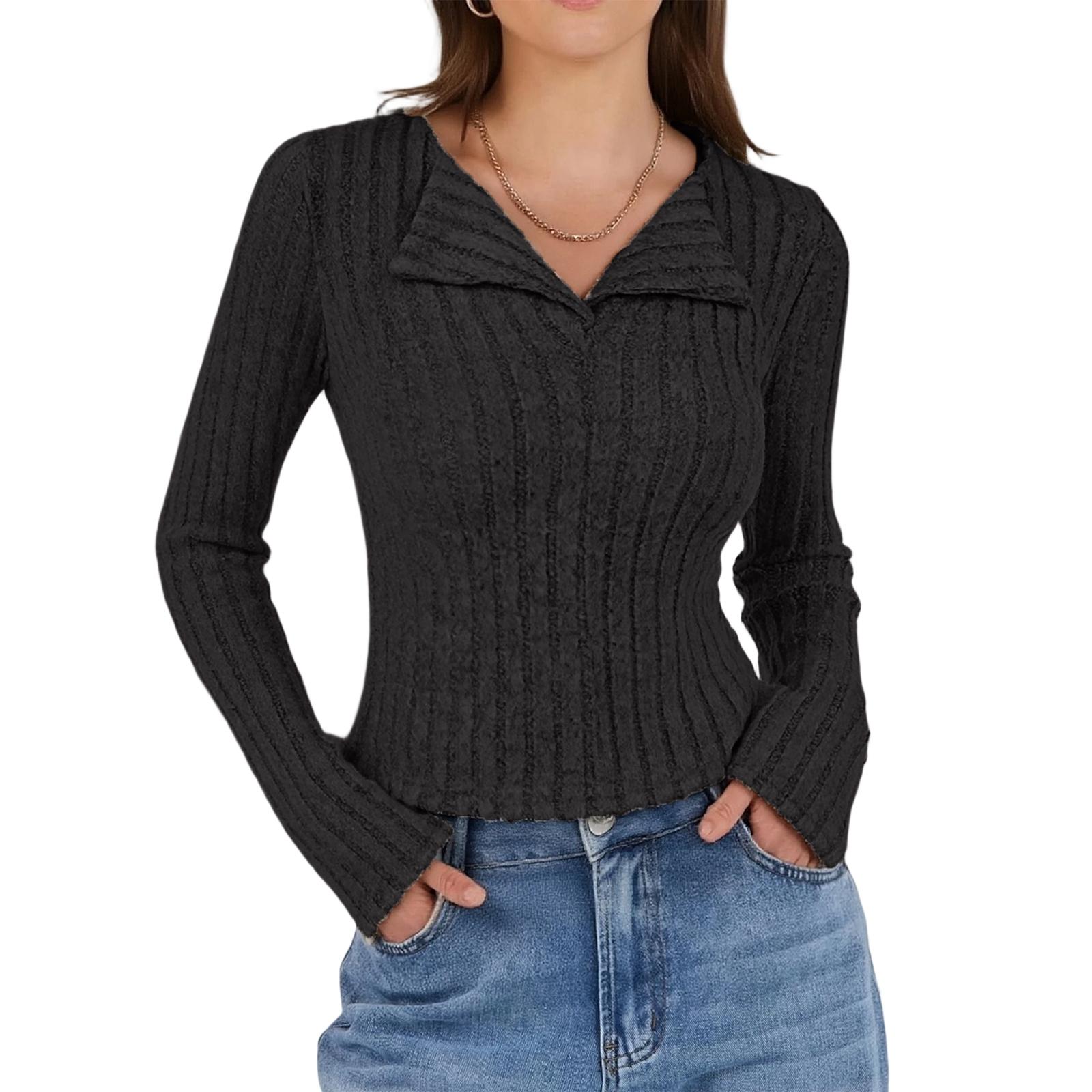 Women s Fashion V Neck Long Sleeve Ribbed Elegant Commuting And Casual Top L