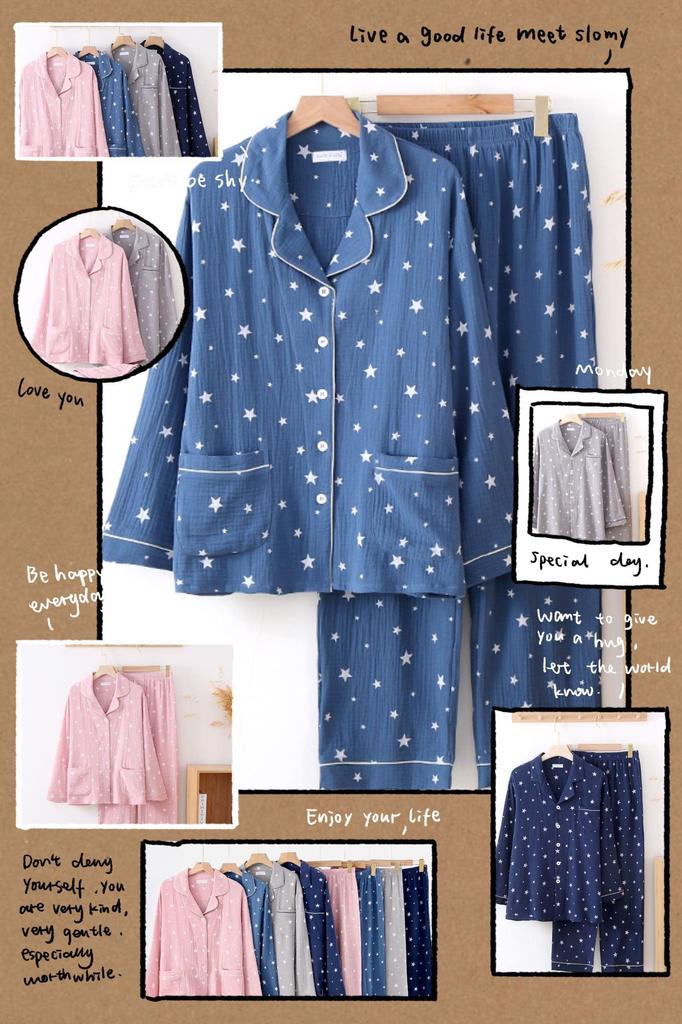Yume Pajamas Double Gauze Cotton Room Wear Star Pattern Pajamas Marshmallow Cotton Comfortable Loungewear Present Day Day 100% Women's Men's Father's