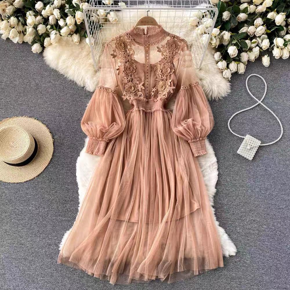 Women's Dress Three-dimensional Flowers Mesh Temperament Collar Lantern Sleeve High-waisted Dresses
