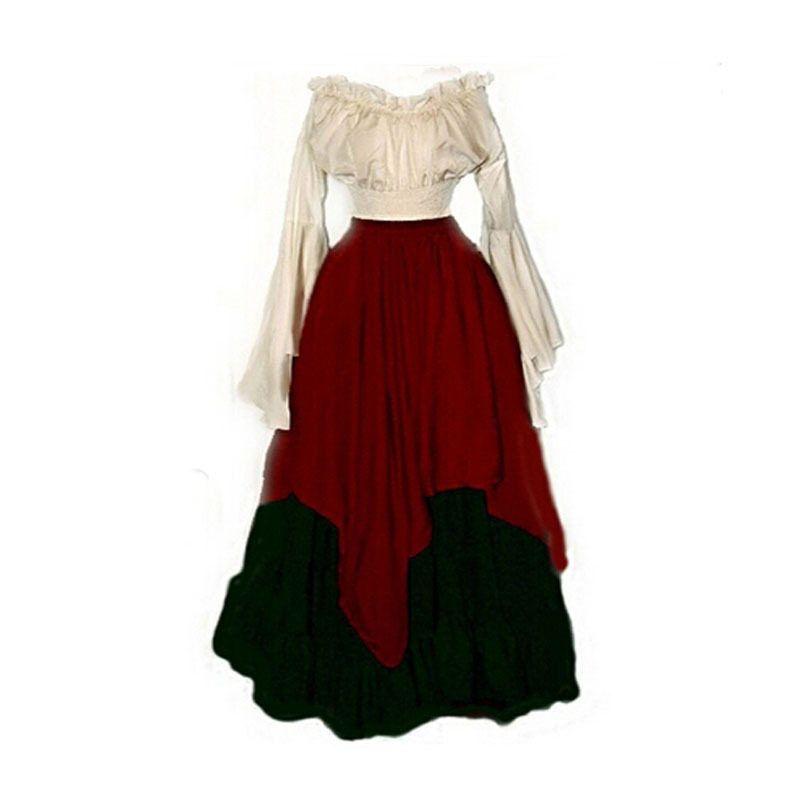 Fashion Long Sleeves Dress Women Artsy Renaissance Medieval Dress Medieval Dress. Red XXXL