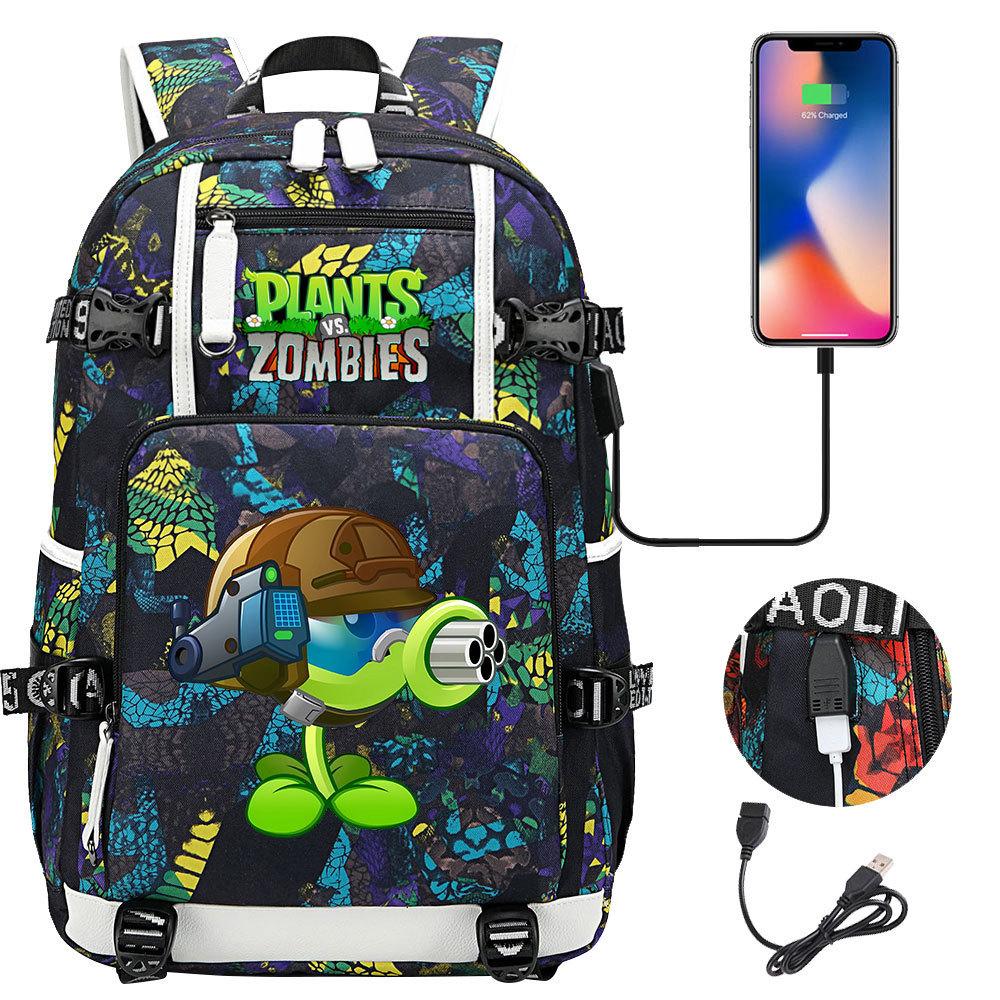 Plants vs Zombies USB-Kopfhörer Rucksack für Teenager Schüler Freizeit Reise Tagesrucksack Große Kapazität Laptop Tasche