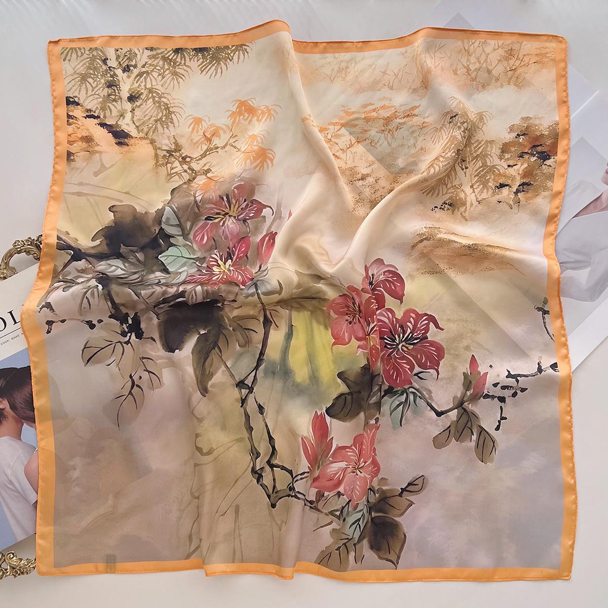 

Весенне-летний шарф из искусственного шелка с принтом, маленький квадратный шарф с растительным цветочным узором, универсальный декоративный, для завязывания на сумку, повязка на голову, шелковый шарф 66cm
