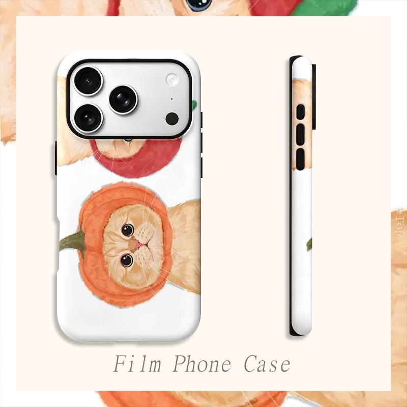Elegant Watercolor Fruity Orange Pumpkin Cat Graphic Art Film Aesthetic Protective Shockproof Bumper Case Cover For iPhone 14 15 16 Pro Max Plus