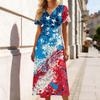 Women’s V Neck Short Sleeve Maxi Dress with Star and Floral Print 4th of July Dress Independence Day Dress Holiday Party Outfit
