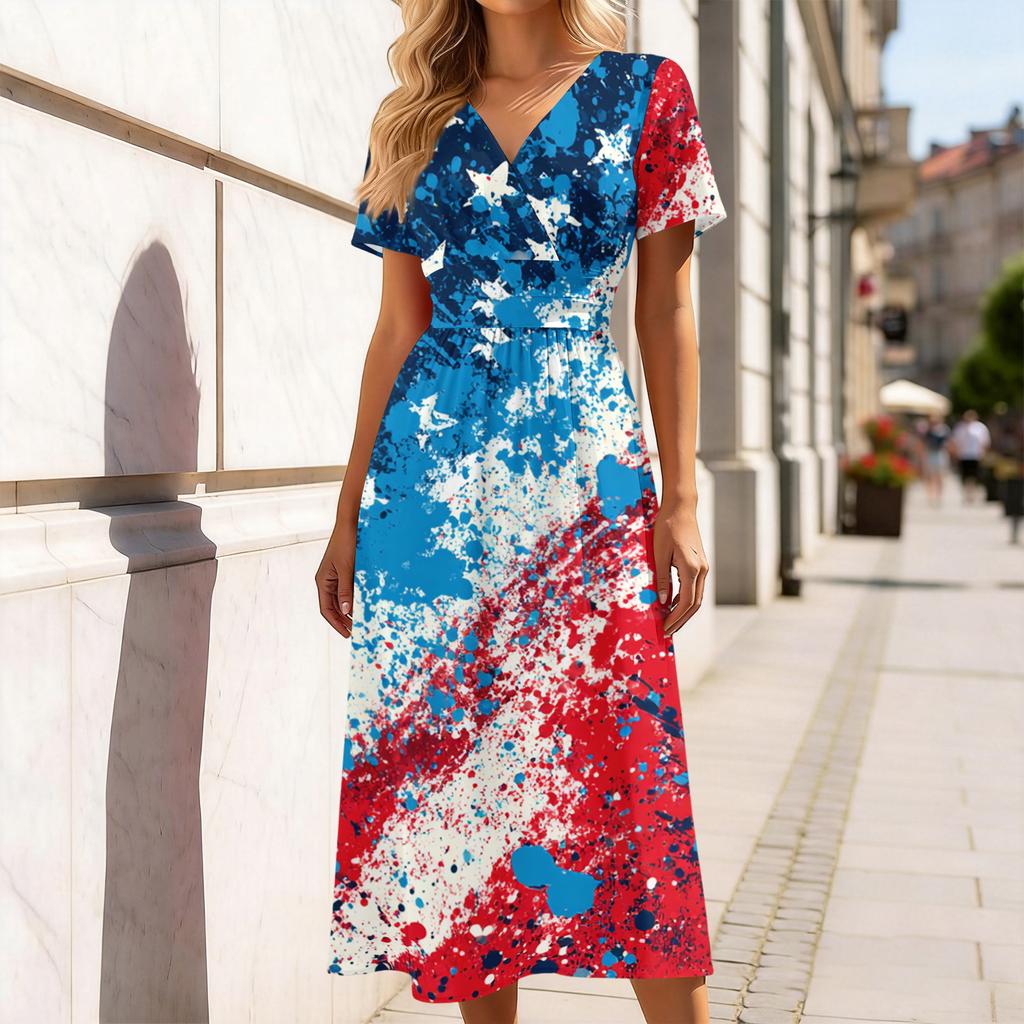Women’s V Neck Short Sleeve Maxi Dress with Star and Floral Print 4th of July Dress Independence Day Dress Holiday Party Outfit