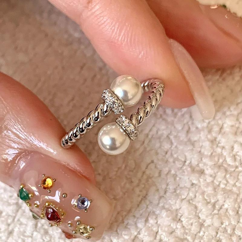 Stylish Geometric Open Ring With Dazzling Zircon Stone And Elegant Pearl For Women