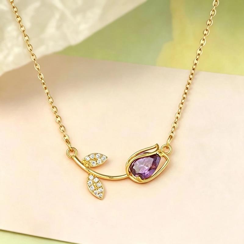 Elegant Stainless Steel Tulip Necklace Glittering Colorful Crystal Charm Jewelry for Women Engagement Event Wear