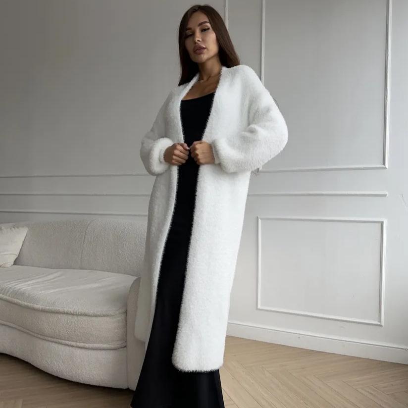 Damen Übergröße Weißer Faux-Mink-Cardigan - Weicher, lockerer, gestrickter Mantel für Herbst & Winter