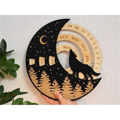 Wooden Moon Wolf Perpetual Calendar Wall Hanging Circular Rotating Decorative Wooden Date Display For Home Office Ornament