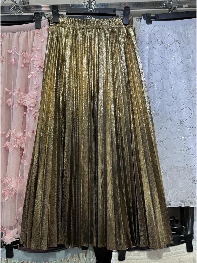 Autumn/Winter 2019 Korean High-Waist Slim Pleated A-Line Skirt with Reflective Metal Details