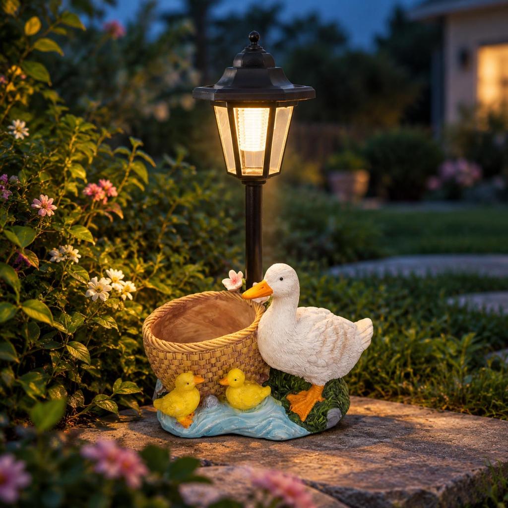 Duck Household Garden Ornament with Solar Lantern WeatherResistant Resin Decor for