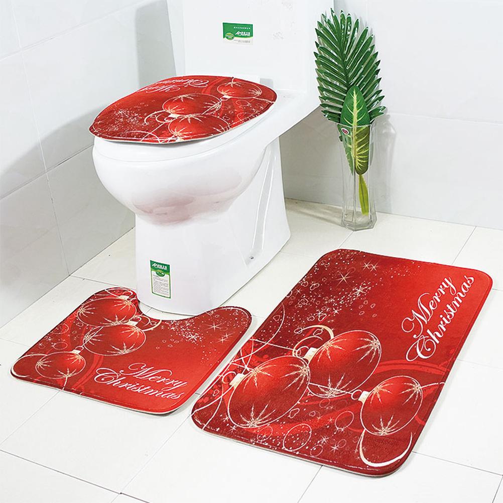 3 In 1 Christmas Ball Pattern Bathroom Mat Set Antiskid Washroom Carpet Mat Toilet Seat Lid Cover (Red)