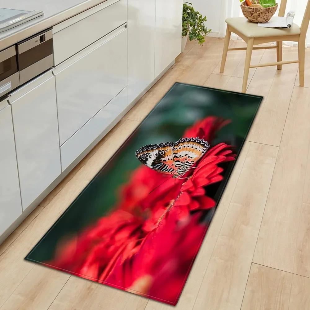 Non Slip Washable Butterfly & Flower Theme Runner Mat High Definition Nature Pattern Rug for Kitchen Hallway Home Decor Floor