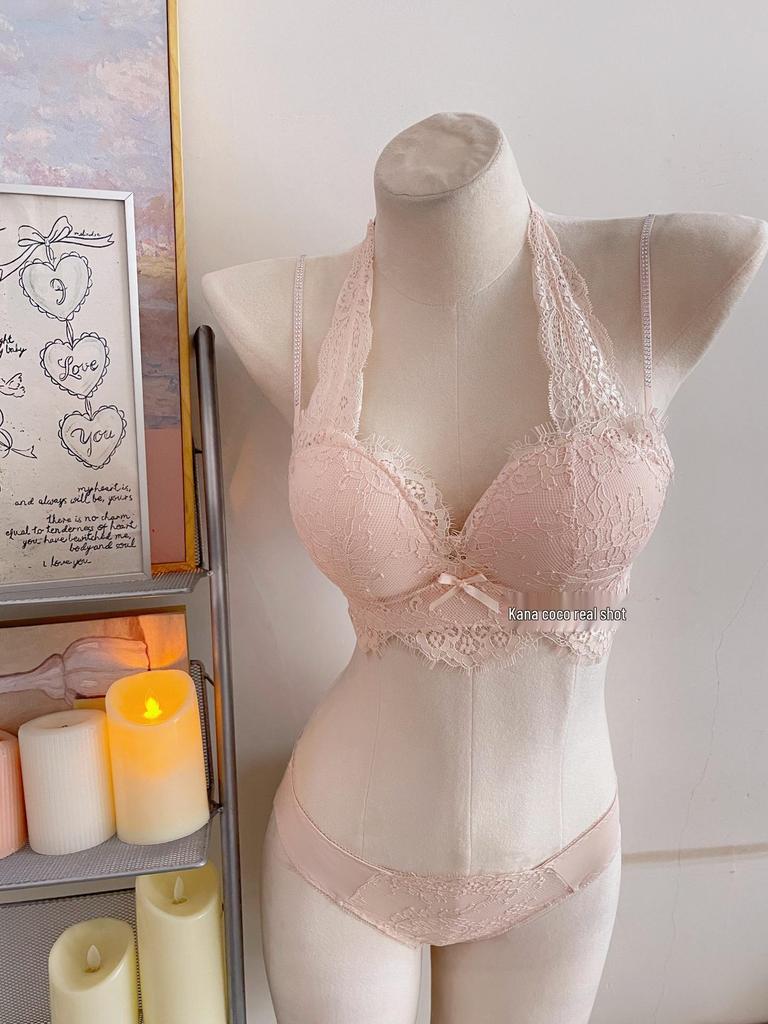 French Pure Desire Lingerie Set: Halter Lace Bra & Beautiful Back Anti-Sagging Bra