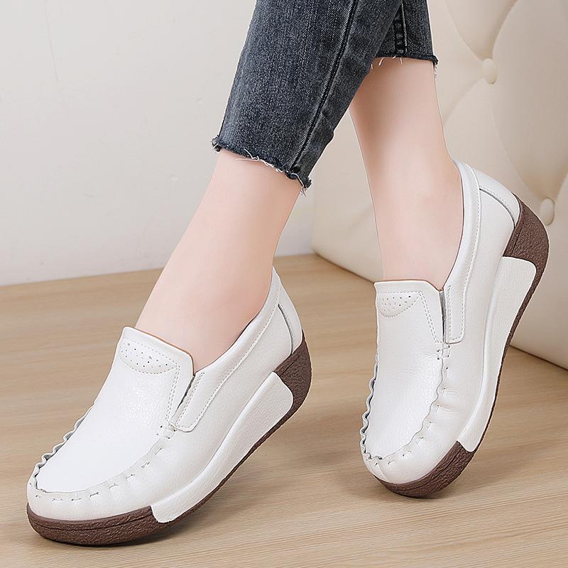 Retro Women Platform Shoes Leather Wedges Slip-on Loafers Anti-slip Walking Casual Footwear for Working Traveling