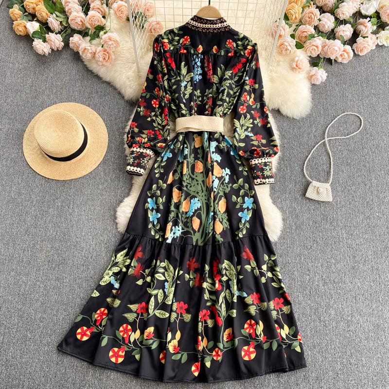 Autumn Sashes Flower Print Long Sleeve Dresses Women Button Vintage Maxi Dress Stand Collar Slim Waist Vestidos