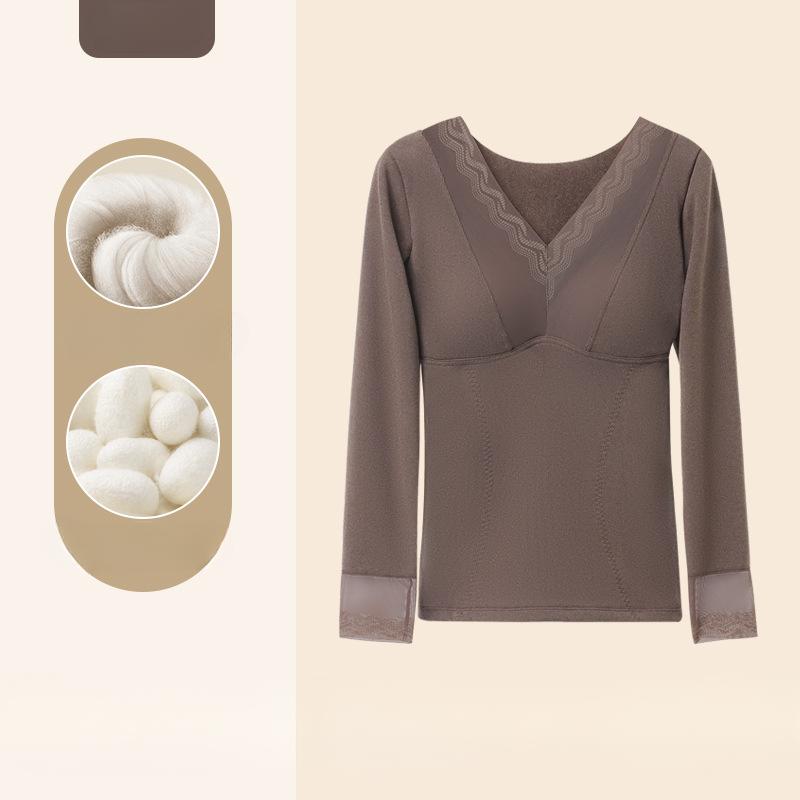 

Термобелье из шерсти для женщин с подкладками для груди, встроенный бюстгальтер, увлажняющий крем из шерсти и шелка, зимний стиль 4XL