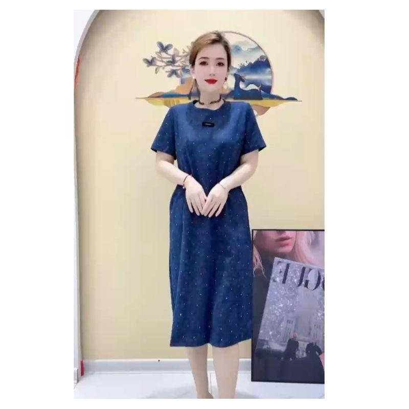 

Crisp and Stylish! Harajuku Women s Summer round Neck Emboss Design Beaded Overknee Long Dress Summer with Pockets Blue L