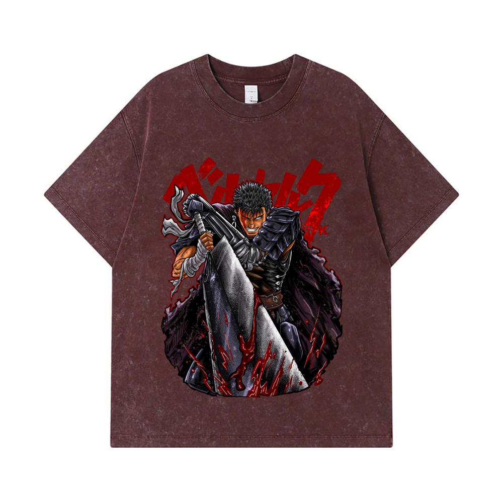 GSM Washed Tshirts Cotton Berserk V Print Unisex Heavy Cotton T Shirt