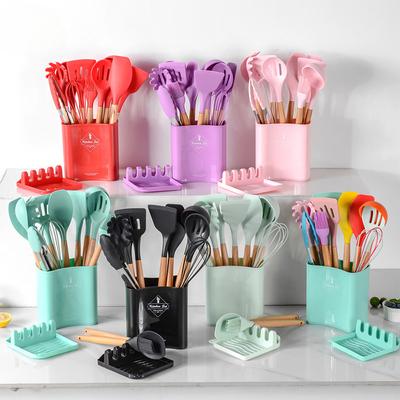 12-teiliges Küchenhelfer-Set aus Silikon mit Holzgriff für die Küche, Kochen, Backen, Küchenutensilien, Zubehör, Aufbewahrungseimer