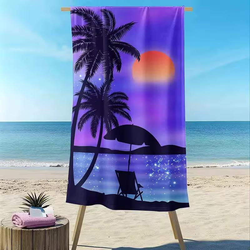 Lebhaftes tropisches Palmenbaum-Strandtuch Retro-Sonnenuntergang-Meeresmotiv Schnelltrocknende Stranddecke Weich und leicht für den Sommerurlaub