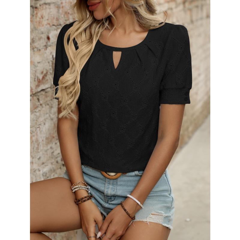 Весна-Лето Новая однотонная круглая короткорукавная футболка полый топ S