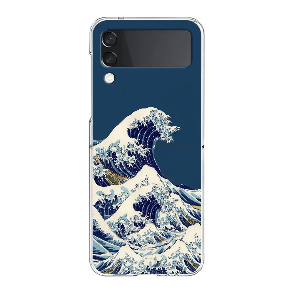 The Big Wave of kanagawa ZFlip5 ZFlip3 Phone Case For Samsung Z Flip 3 5G Transparent Hard Shell Z Flip 4 Galaxy Cover Folding