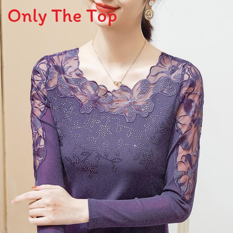 Lace Long Sleeve T Shirt With Mesh Fabric For Womens Elegant Office Wear