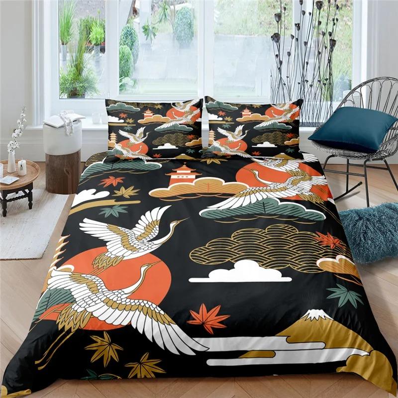 Japanese Crane Duvet Cover King Queen Size Wave Flower Ukiyo-e Style Bedding Set Eastern Culture 23pcs Polyester Quilt Cover