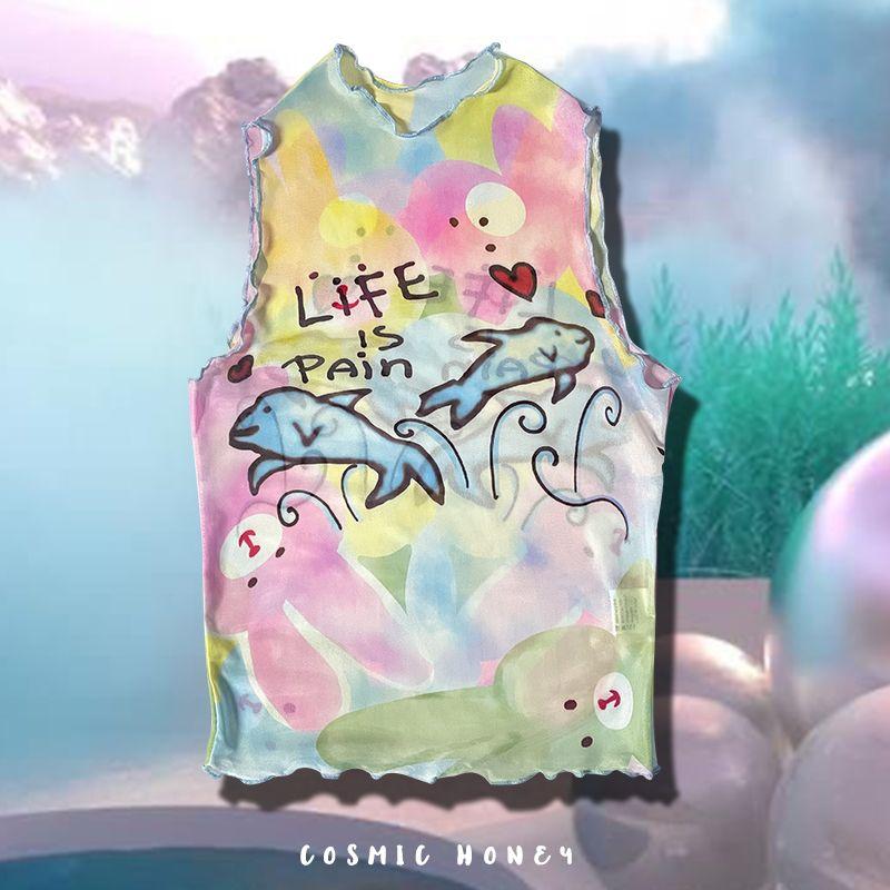 

Universe Girl Tank-Top Wooden Ear Mesh Sleeveless Cartoon Cocoa love love Acridine S