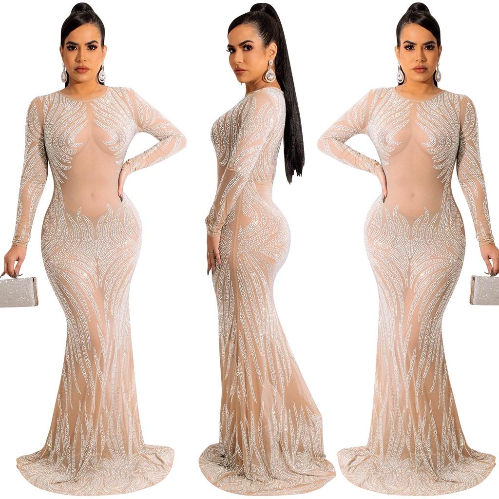 Kvinner Elegant Langermet Rhinestone Rundhals Mesh Gjennomsiktig Brude Maxi Lang Kjole Vert Bryllup Brud Brudepiker Festkjoler